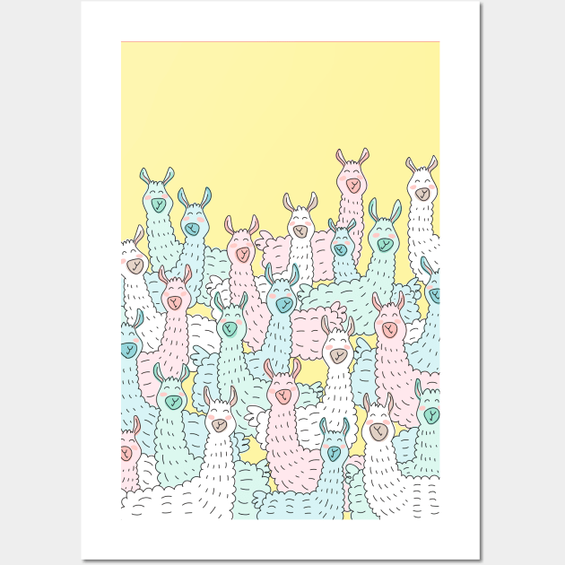 Llama Party - Pastel and Yellow Wall Art by HappyCatPrints